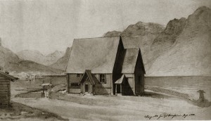 Før kirken ble demontert tegnet Franz Wilhelm Schiertz dette bildet av den.