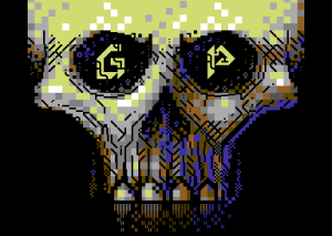 Vanja Utne er flinkere til å lage PETSCII-kunst enn det jeg er. Skjermbilde fra cracktroen PETSCII Skull (Genesis Project).