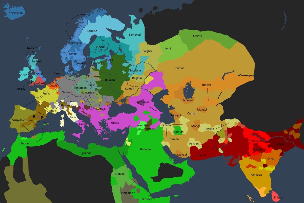 Det kulturelle kartet over den kjente verden i 1250.