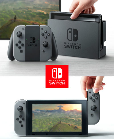 Nintendo Switch; Tavle, hjemmekonsoll-del og de avtagbare kontrollerne.
