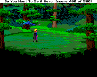 Jeg burde vel ha brukt et bilde fra et LucasArts-spill her, men dette tok jeg i går, og er et eksempel på hvordan konkurrenten Sierra brukte «dithering» for å skape illusjonen av mange farger i EGA-spill på PC.