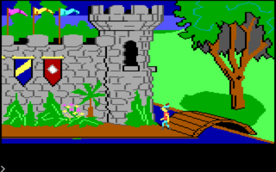 King's Quest på PCjr. Nesten identisk med den mer kjente PC-versjonen, men krokodillene i denne scenen er for eksempel litt annerledes. Ikke at det er så lett å se, da.