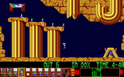 Et av de første brettene i Lemmings. Her trenger du bare å gi hver søtnos sin egen paraply.