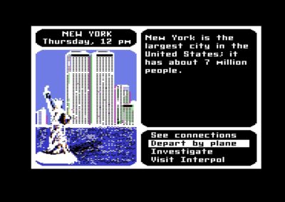 Commodore 64-versjonen. Her er vi i New York, med kjente motiver i bakgrunnen.